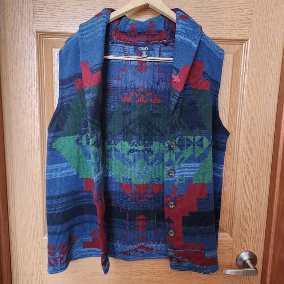 Chaps Navajo Southwestern Sweater Vest Women's Size XL Shawl Neck Button Blue - Picture 11 of 16